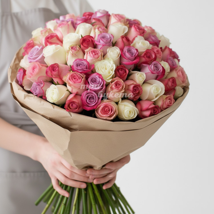 101 разноцветная роза в крафте (Premium)