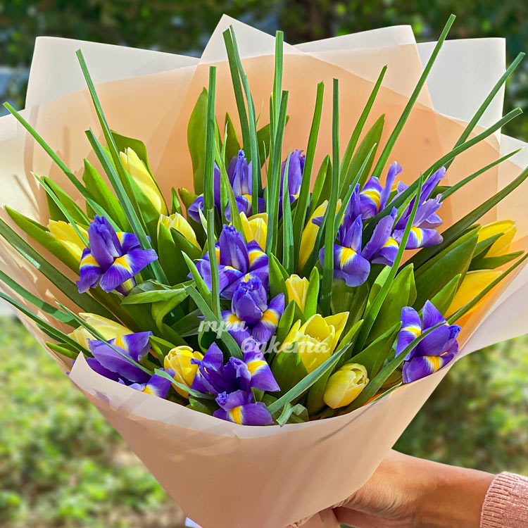 Букет из желтых тюльпанов и ирисов (крупный план)